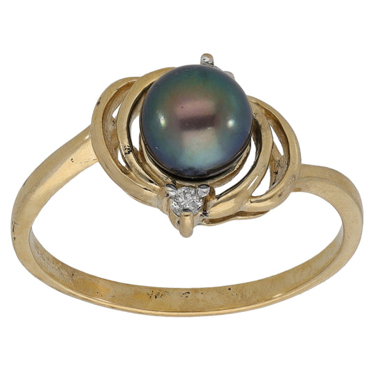 9ct Gold 0.04ct Diamond & Cultured Pearl Dress/Cocktail Ring Size N