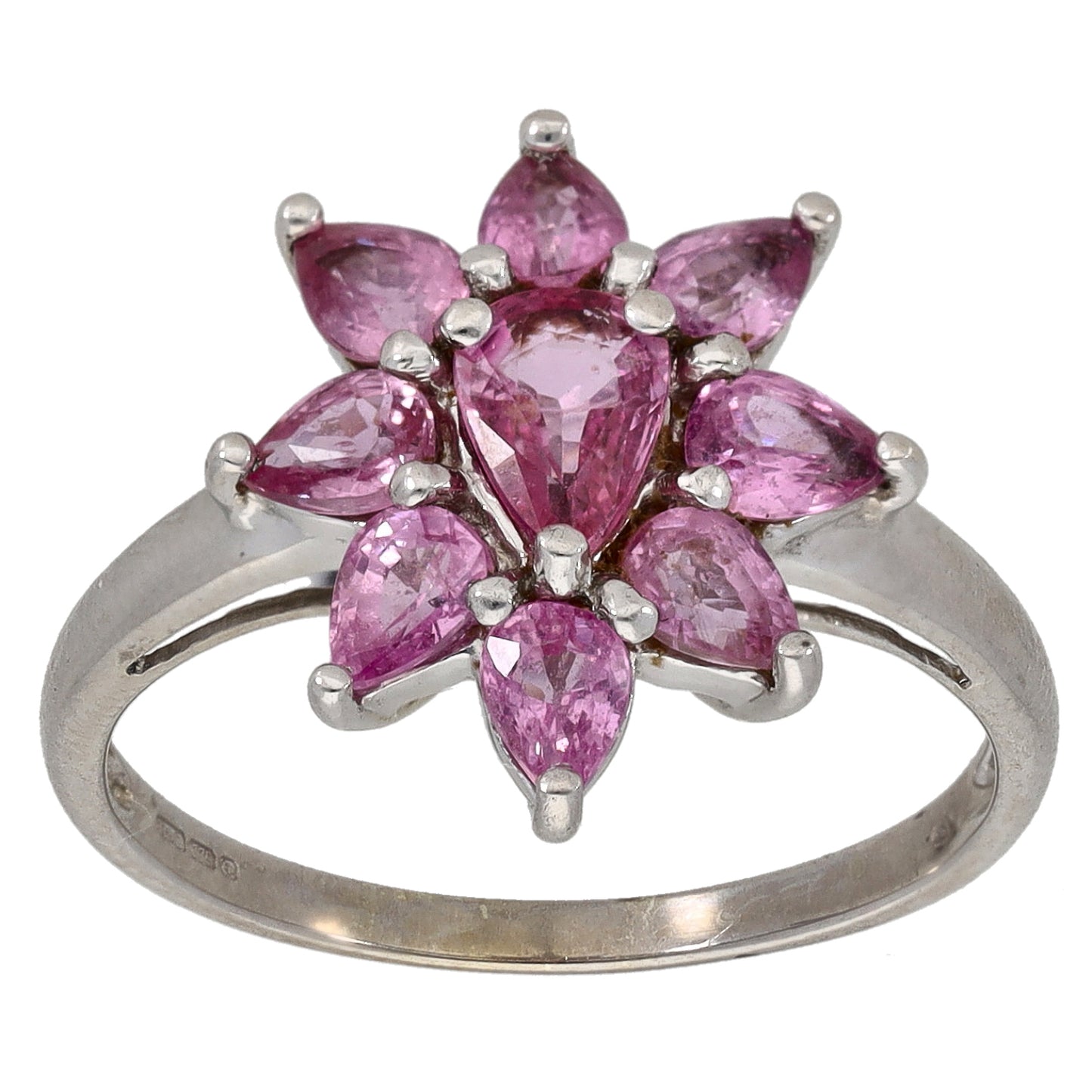 White gold pink gemstone cocktail ring with marquise cluster, top view