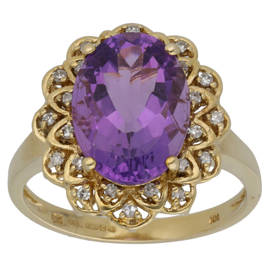 9ct Gold Amethyst & 0.24ct Diamond Dress/Cocktail Ring Size T