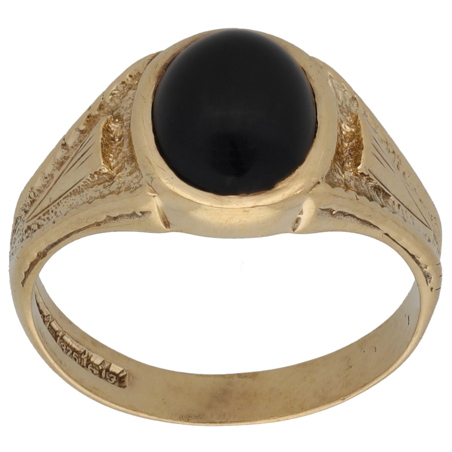9ct Gold Onyx Patterned Single Stone Signet Ring Size P