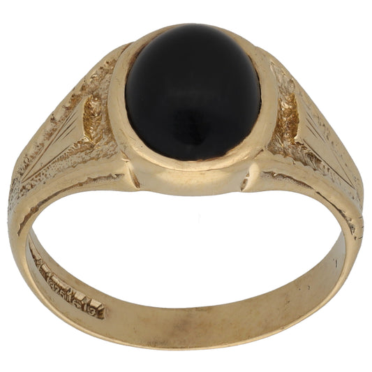 9ct Gold Onyx Patterned Single Stone Signet Ring Size P