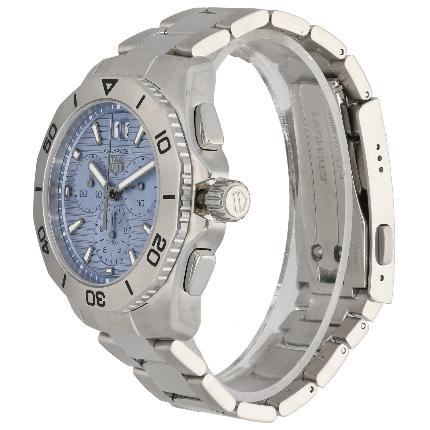 Tag Heuer Aquaracer CBP1112 Stainless steel watch case with blue dial, thick bezel and link bracelet, side profile