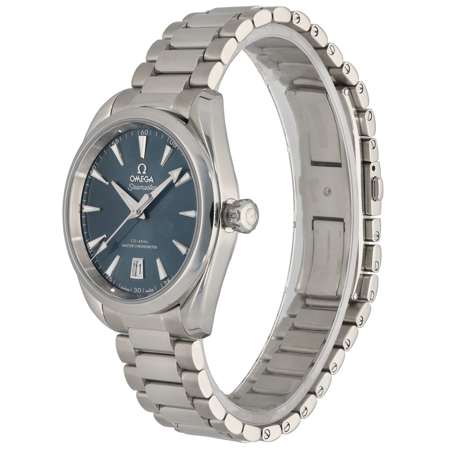 Stainless steel Omega Seamaster 220.10.38.20.03.003 watch with blue dial, crown and links bracelet, side view