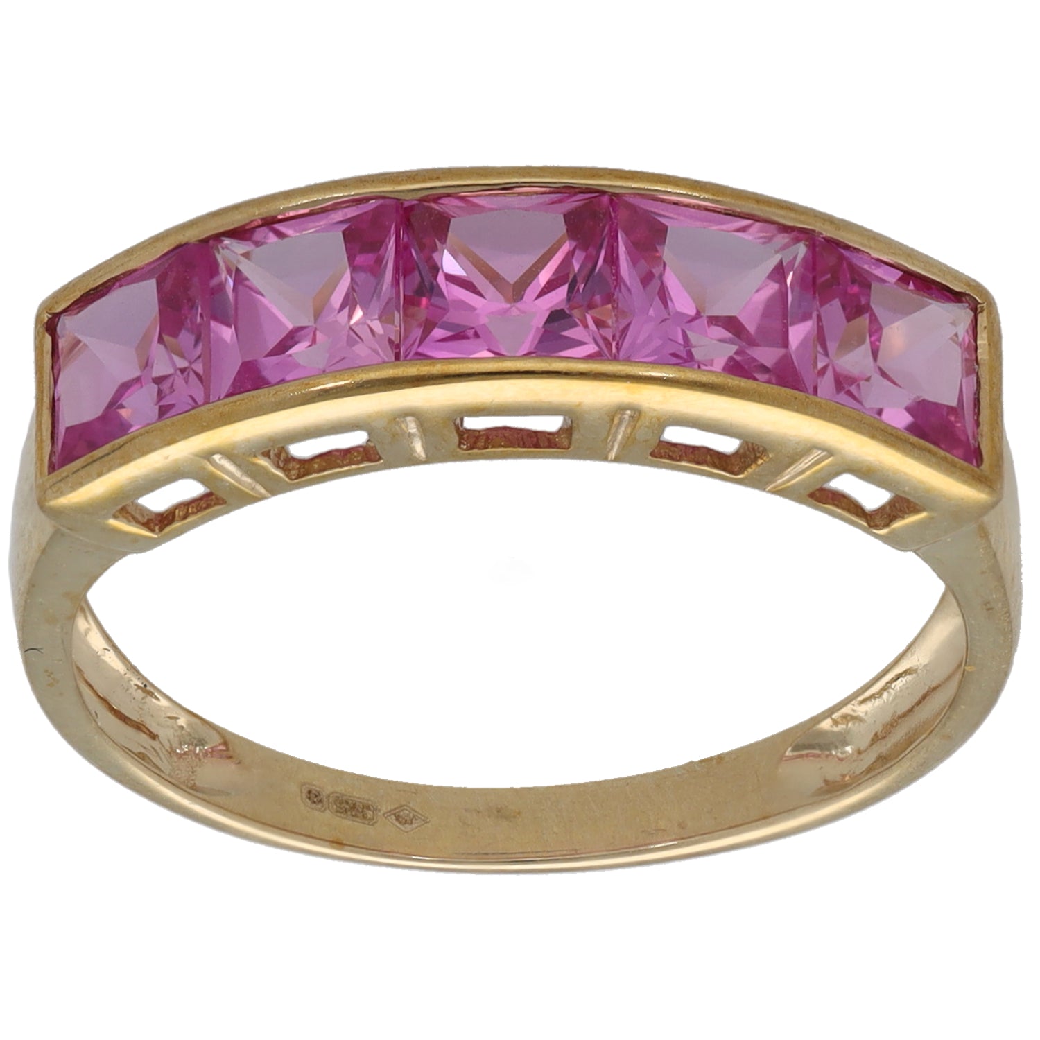 9ct gold half-eternity ring with pink sapphire stones, scalloped settings