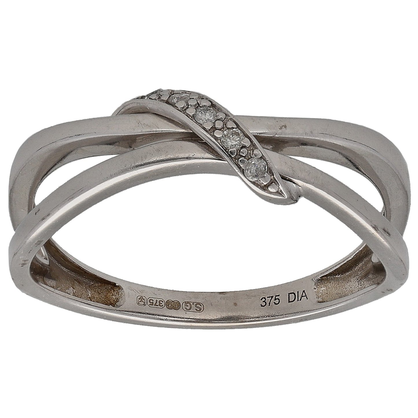 9ct white gold round diamond dress ring, size M, interwoven double bands