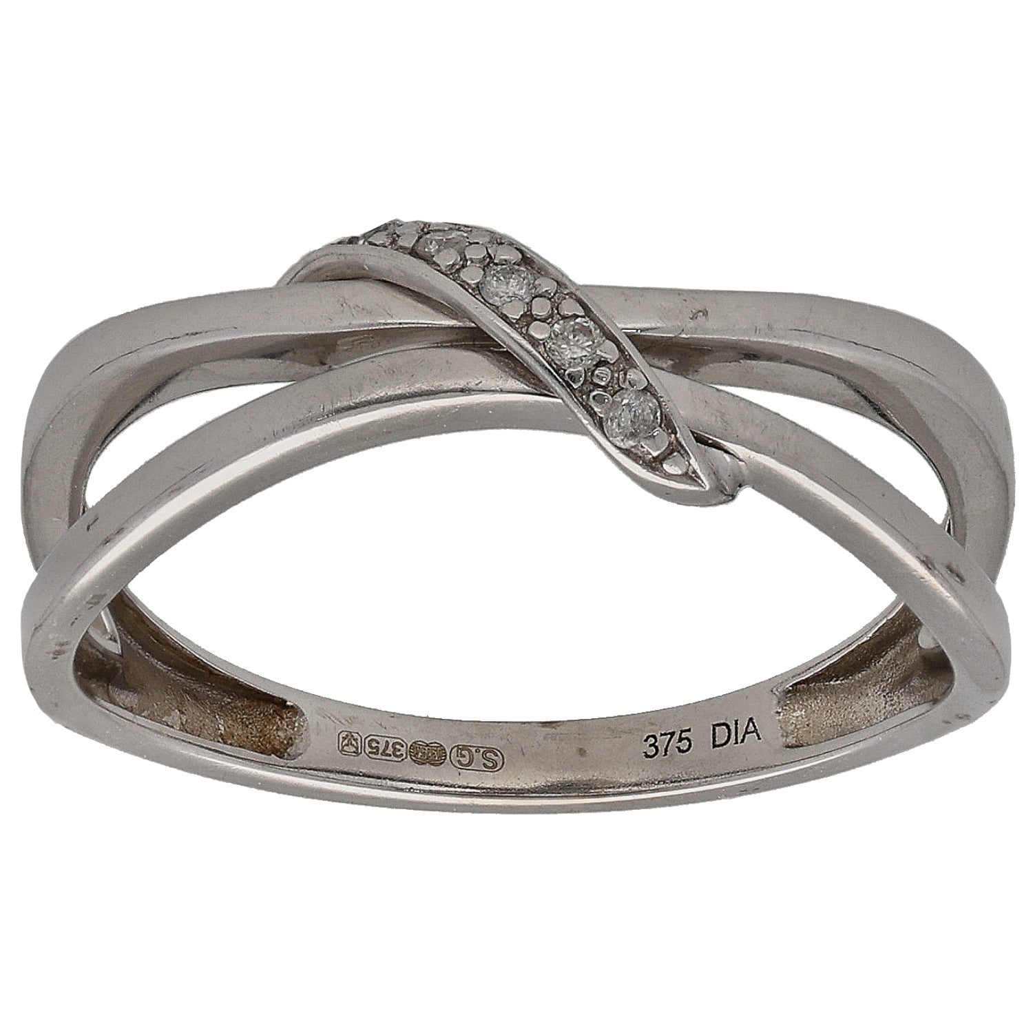 9ct white gold round diamond dress ring, size M, interwoven double bands