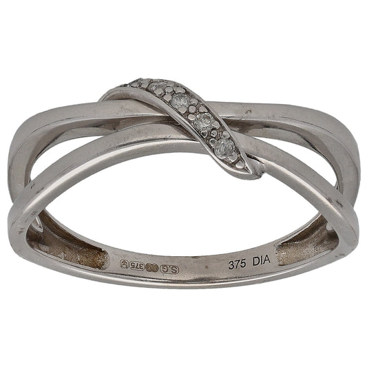 9ct white gold round diamond dress ring, size M, interwoven double bands
