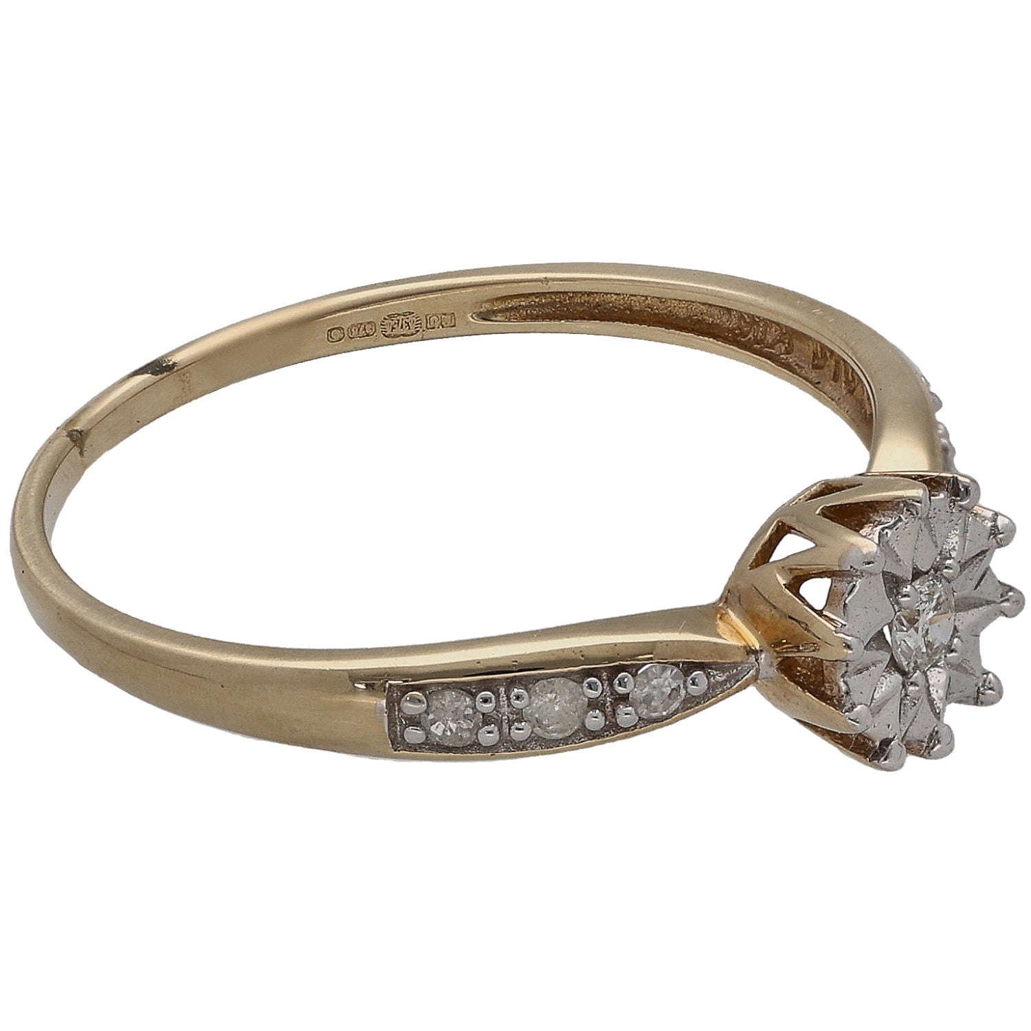 9ct gold solitaire diamond ring with center round diamond and side pave accents