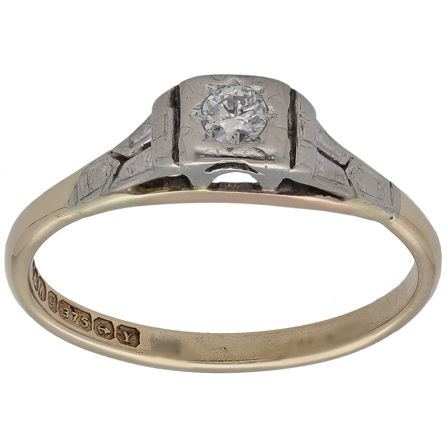 Bicolour gold ring with round diamond solitaire and engraved shoulders