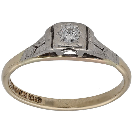 Bicolour gold ring with round diamond solitaire and engraved shoulders
