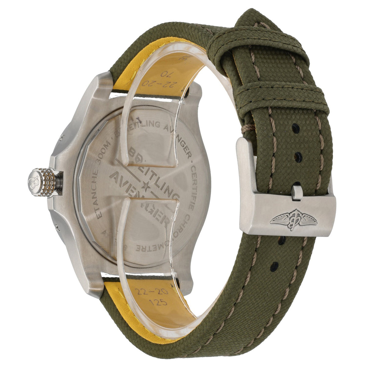 Breitling Avenger A17318, with grey dial and a khaki green fabric/nato bracelet. rear angle image showing the case and clasp