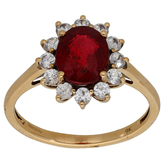 9ct gold cocktail ring with large red oval stone and white round stones