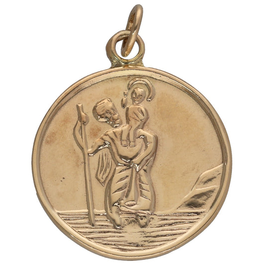 9ct gold St Christopher pendant with raised saint and child scene, round medal