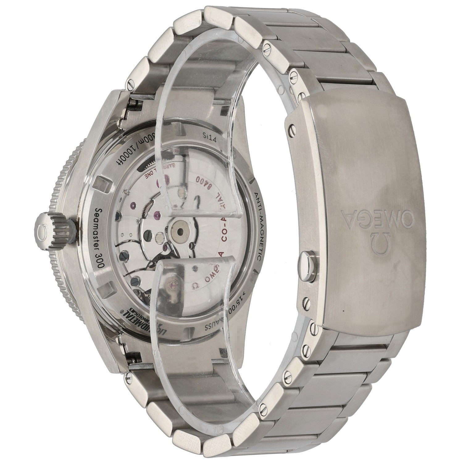 Omega Seamaster 233.30.41.21.01.001 Stainless steel watch with see-through caseback and dark bezel, mechanical movement visible
