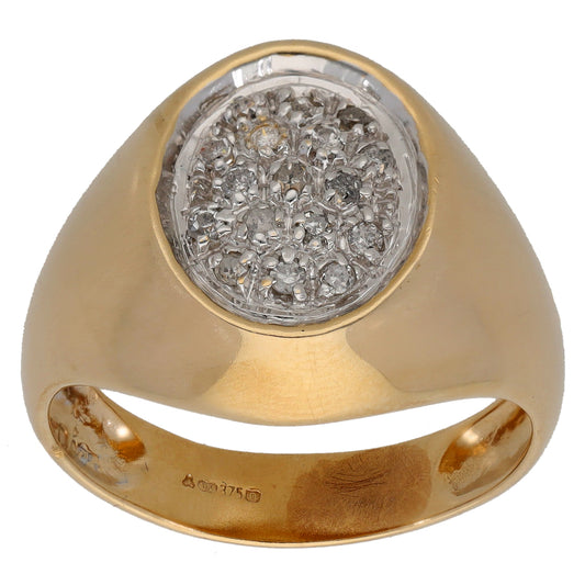 Bicolour gold signet ring with round diamond cluster crest, top view