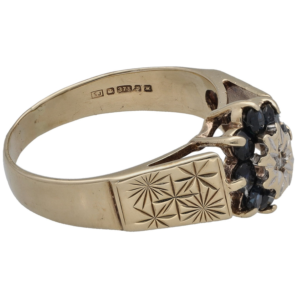 9ct gold sapphire and diamond dress ring, engraved band with dark blue stone cluster