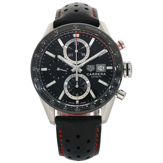 Tag Heuer Carrera CBM2110-0 stainless steel chronograph watch, black dial, leather strap with red stitching