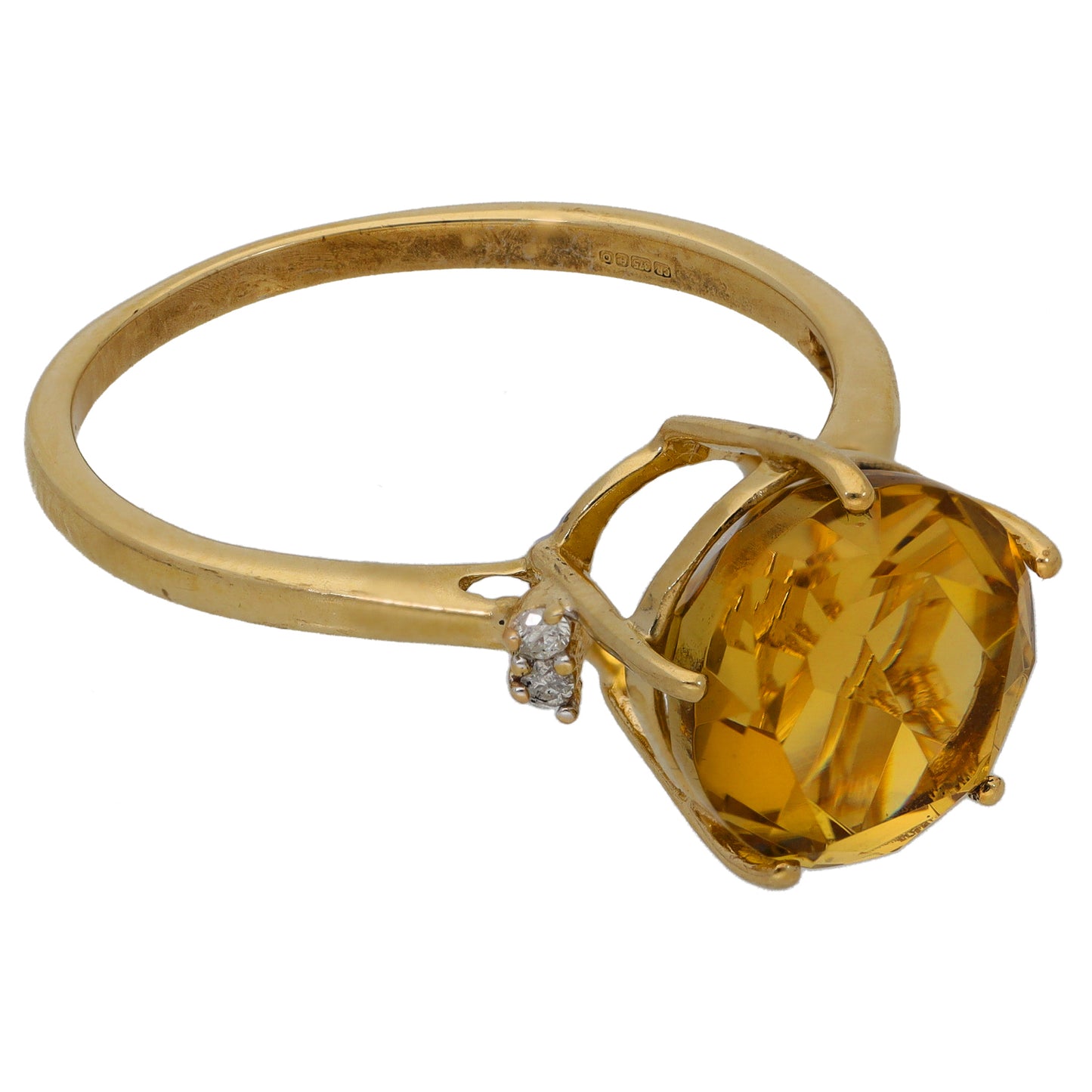 9ct Gold Citrine & 0.02ct Diamond Single Stone Ring With Accents Size S