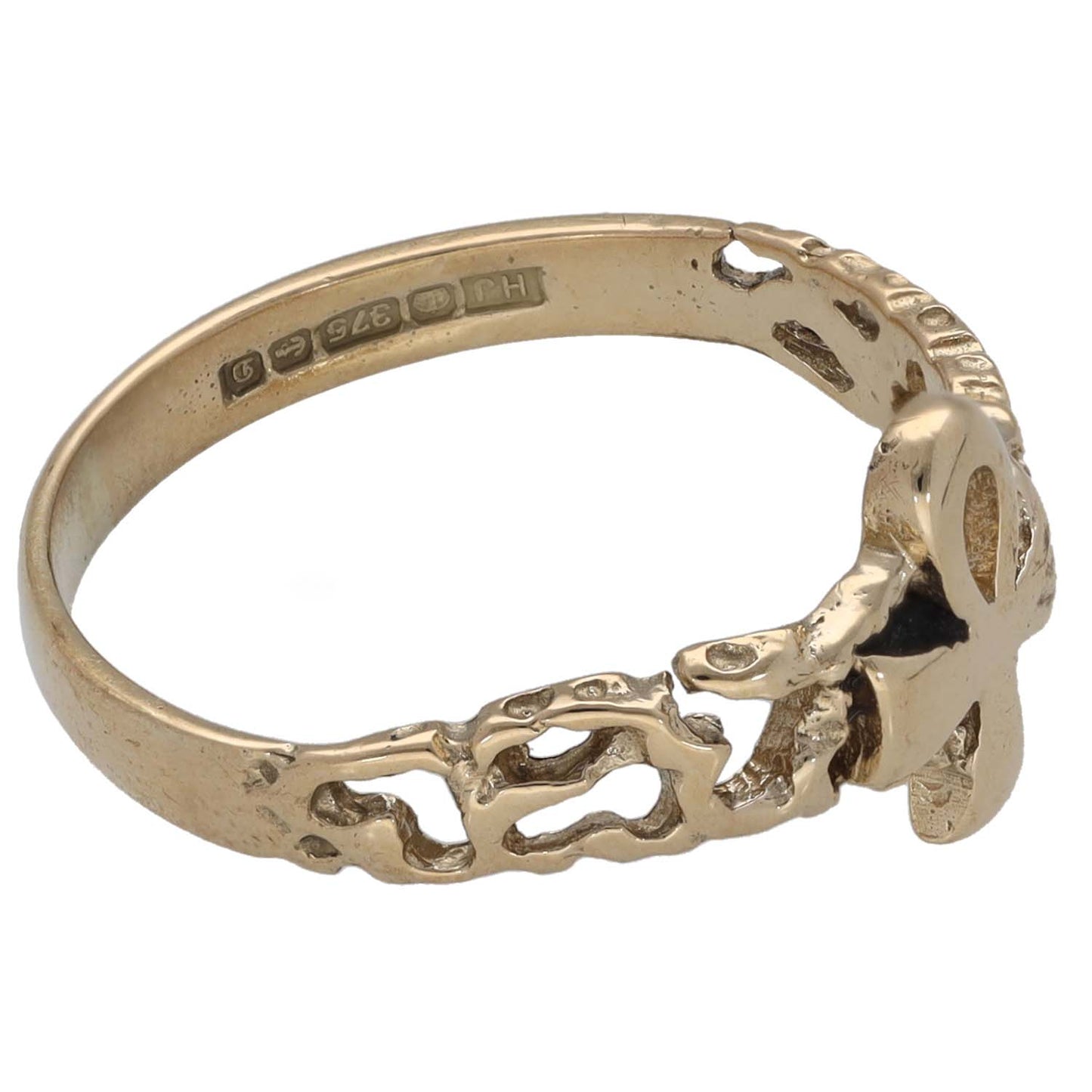 Gold alternative ring, size N, openwork band with sculpted raised details