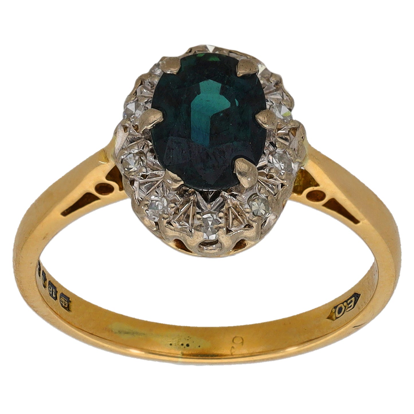 18ct Gold Sapphire & 0.10ct Diamond Cluster Ring Size L