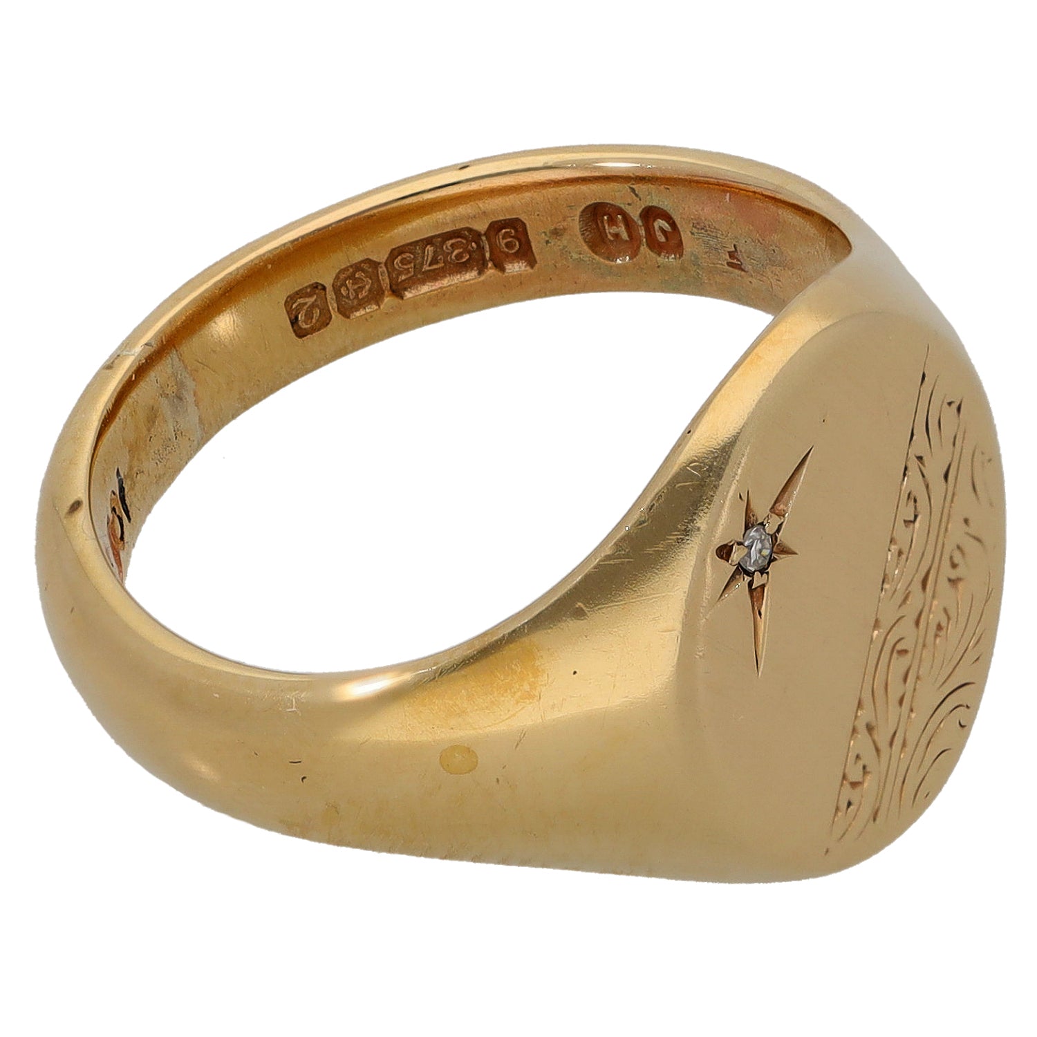 9ct gold signet ring, star diamond set on curved face with engraved sides