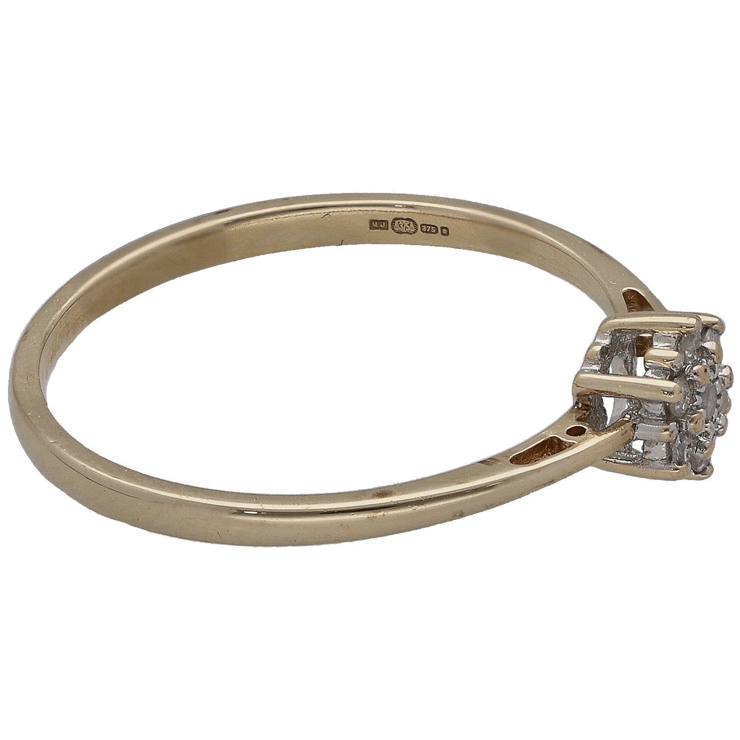 9ct gold diamond cluster ring, round stones in square setting, side view, size O