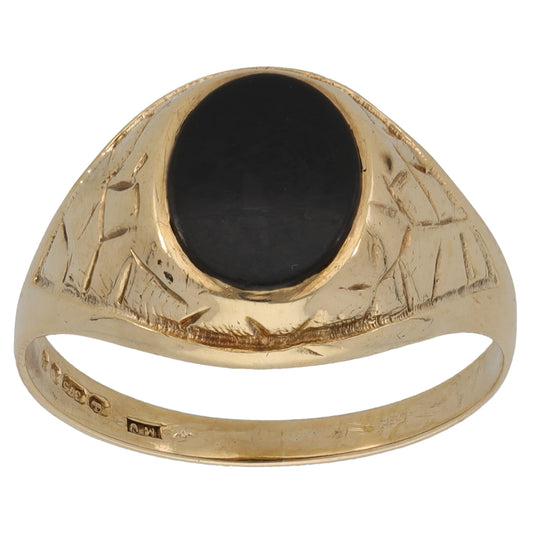 9ct Gold Onyx Patterned Signet Ring Size R