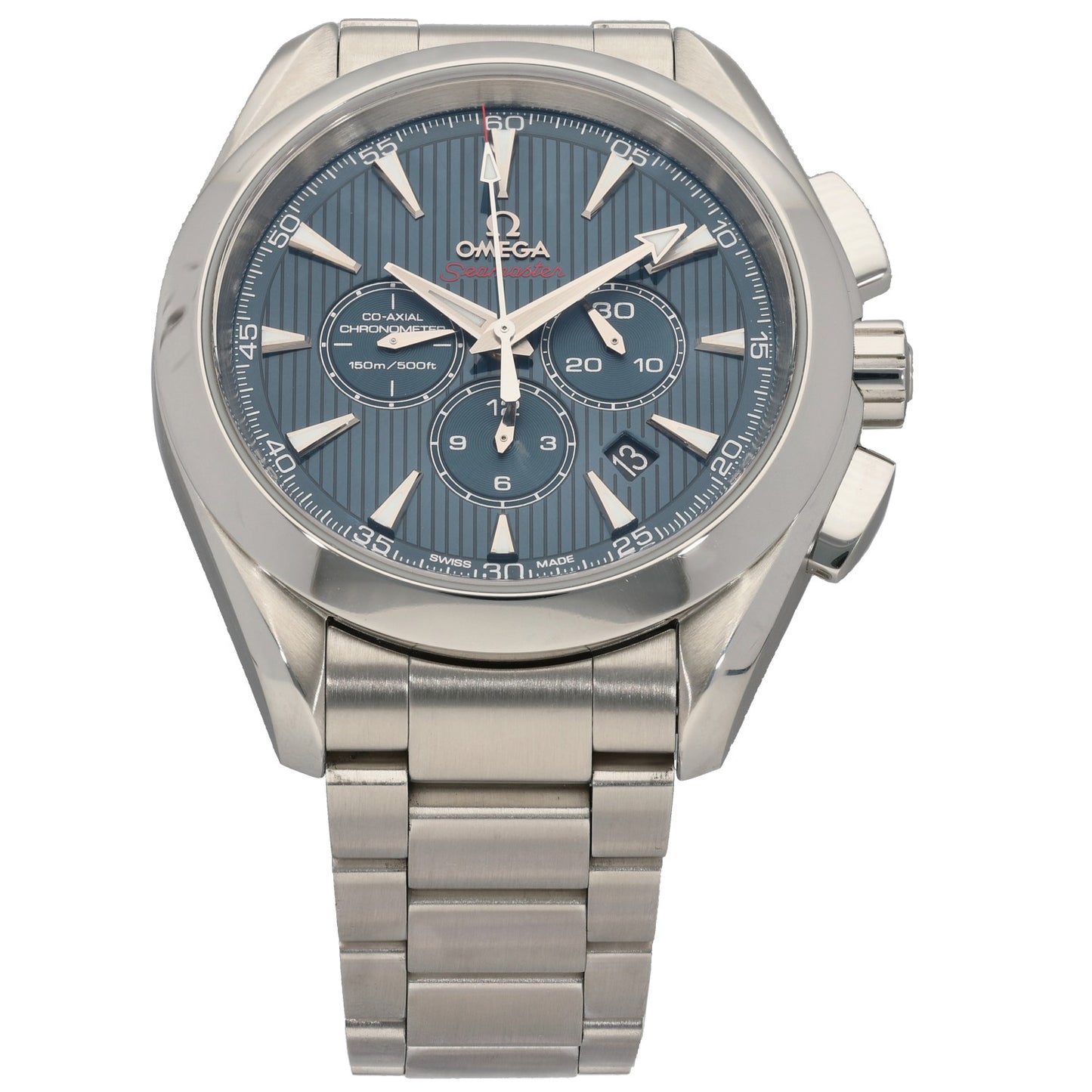 Omega Seamaster 522.10.44.50.03.001 44mm stainless steel chronograph watch with blue dial, subdials, and metal bracelet