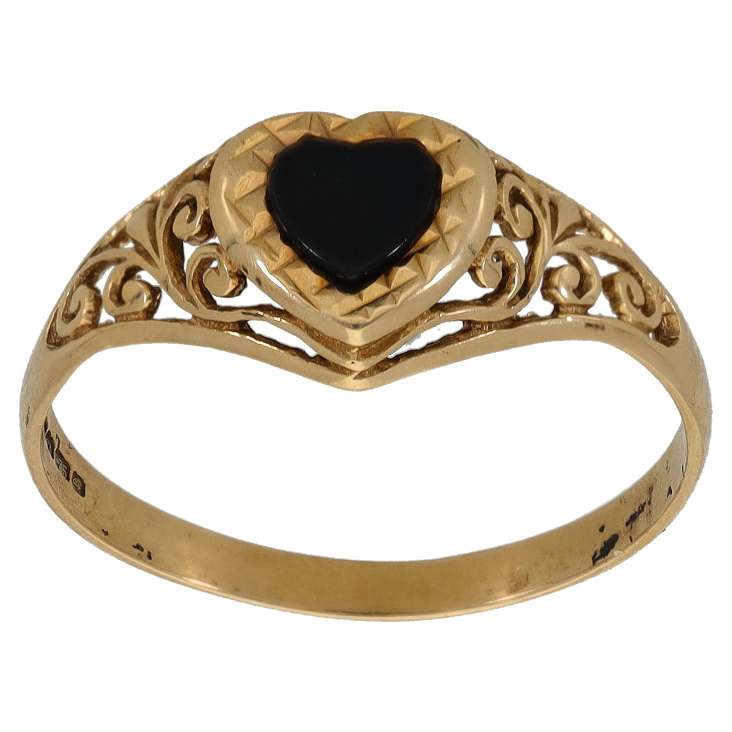 9ct gold signet ring with black onyx heart center and ornate filigree bezel