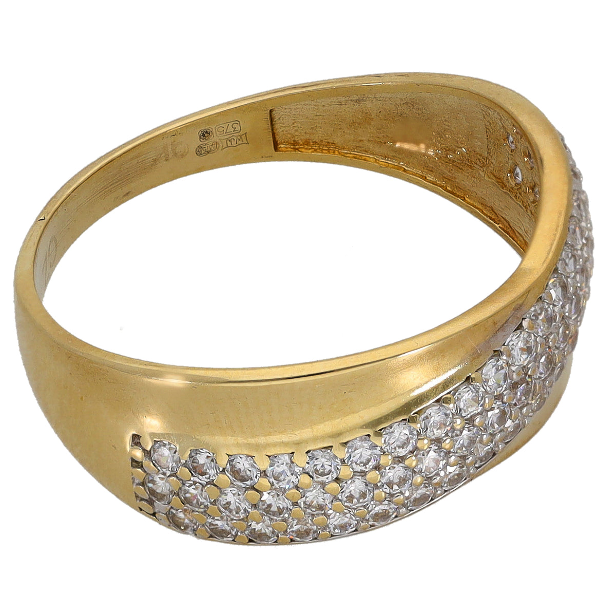 Gold-tone CZ pave ring with round stones along the lower band