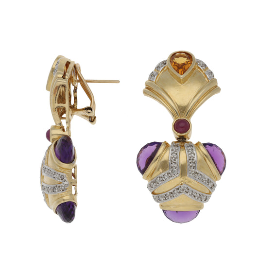 14ct Gold 0.31ct Diamond & Amethyst & Citrine & Ruby Dress/Cocktail Earrings
