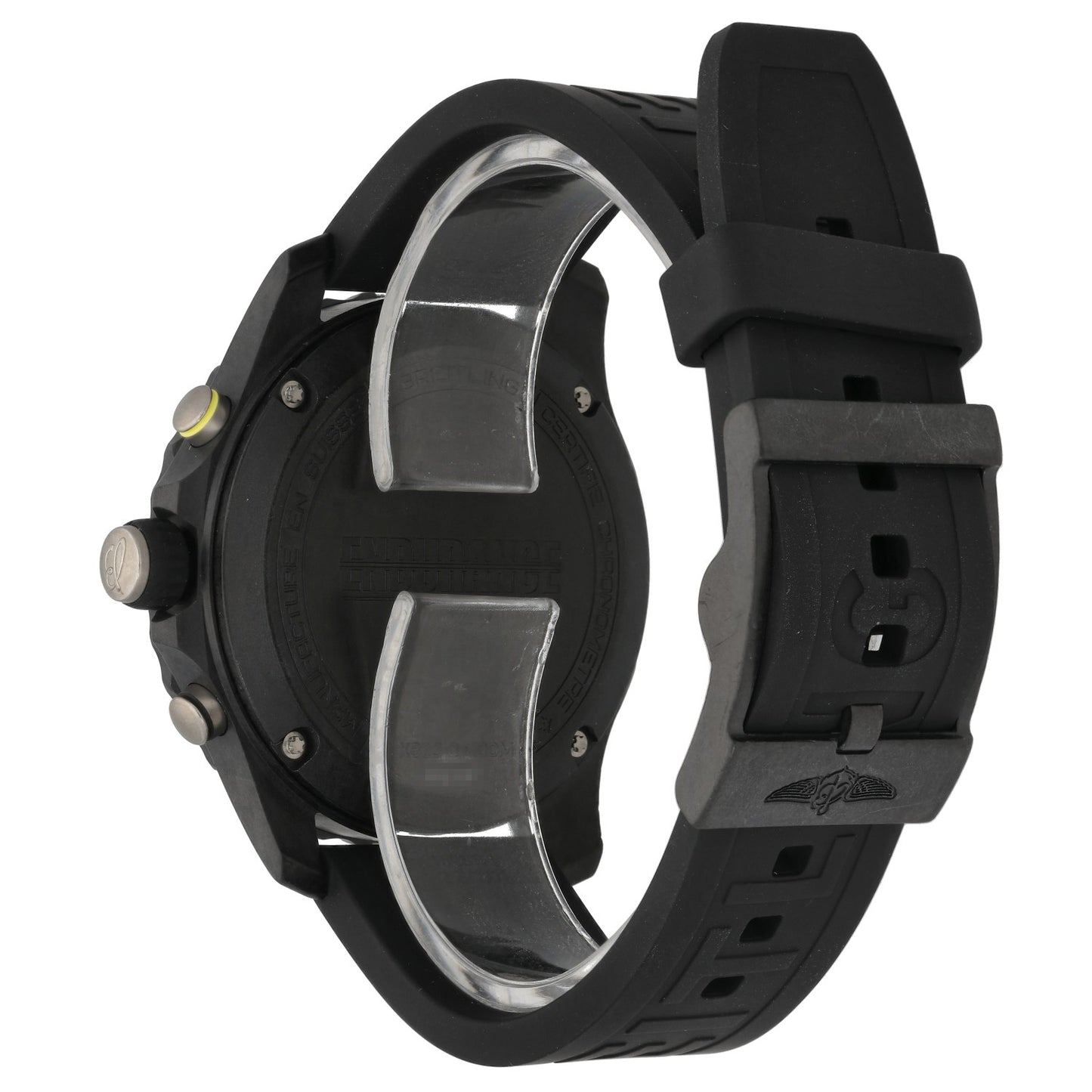 Breitling Endurance Pro X82310 chronograph watch rear view with black case and rubber strap
