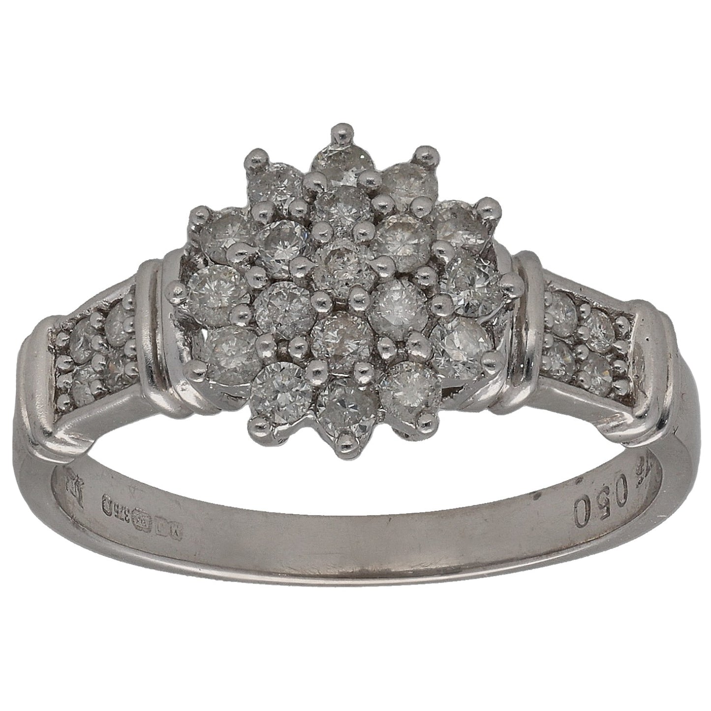 9ct white gold round diamond cluster ring with bright round stone setting