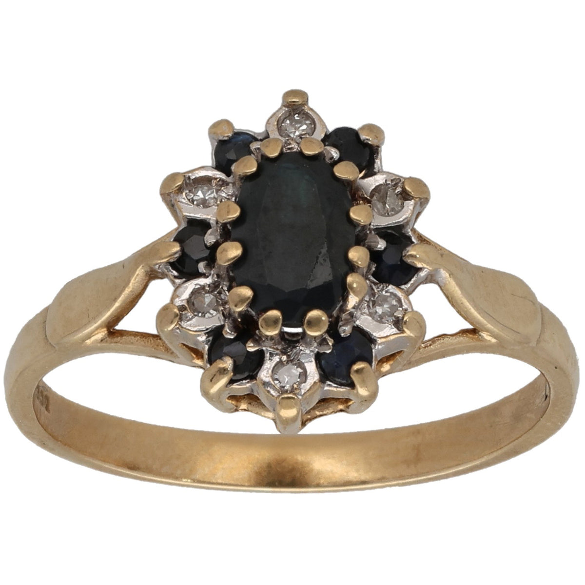 Gold cluster ring with dark center stone and round diamond halo, size M