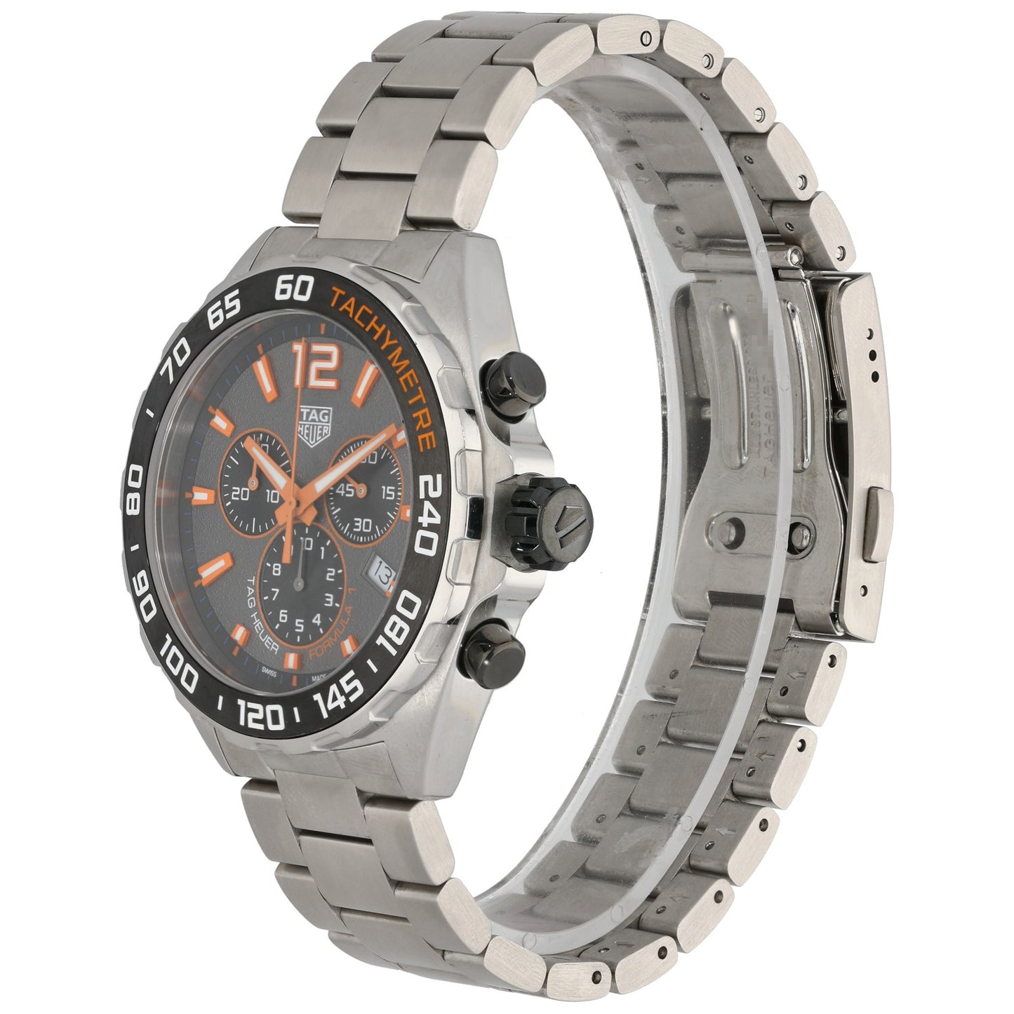 Tag Heuer F1 CAZ101AH Stainless steel watch side view with black crown guards and orange chronograph subdials.
