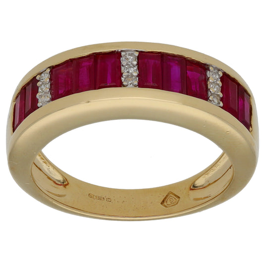 9ct Gold Glass Filled Ruby & 0.045ct Diamond Half Eternity Ring Size N