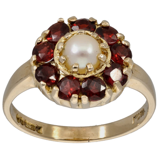 9ct Gold Garnet & Cultured Pearl Dress/Cocktail Ring Size P