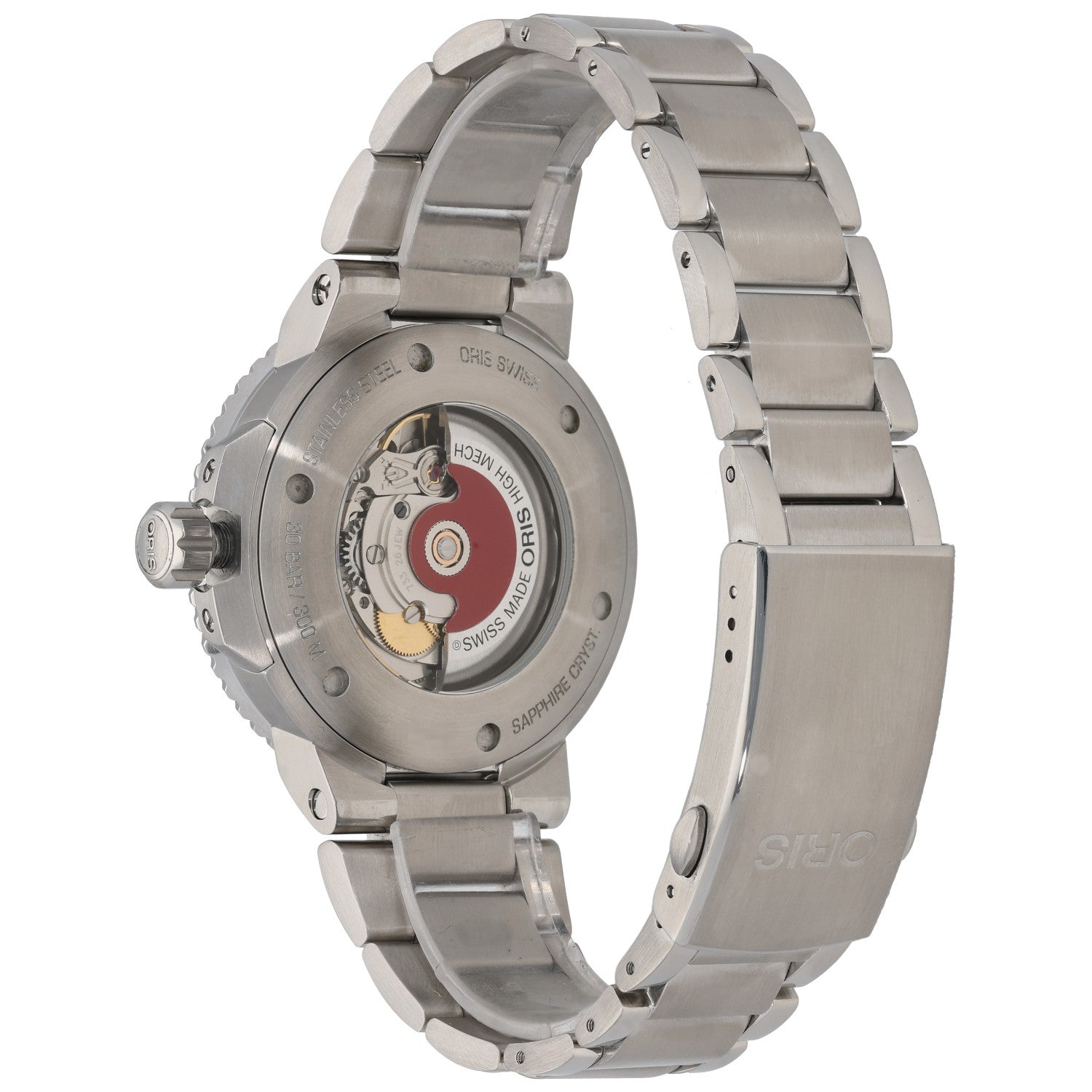 Oris Aquis 7730 Stainless steel diver watch case back showing the internal mechanism and bracelet
