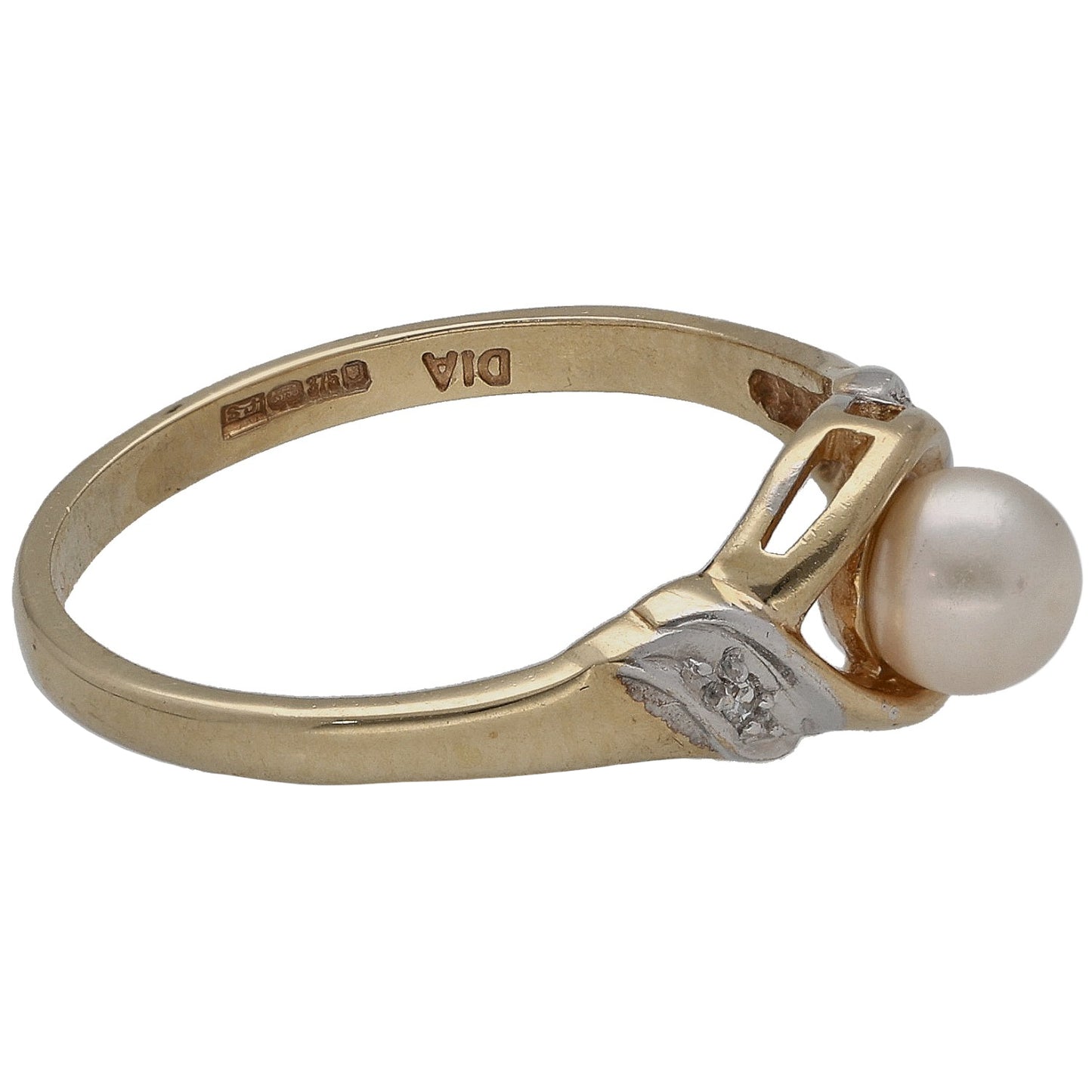 9ct Gold Cultured Pearl & 0.01ct Diamond Single Stone Ring With Accents Size N
