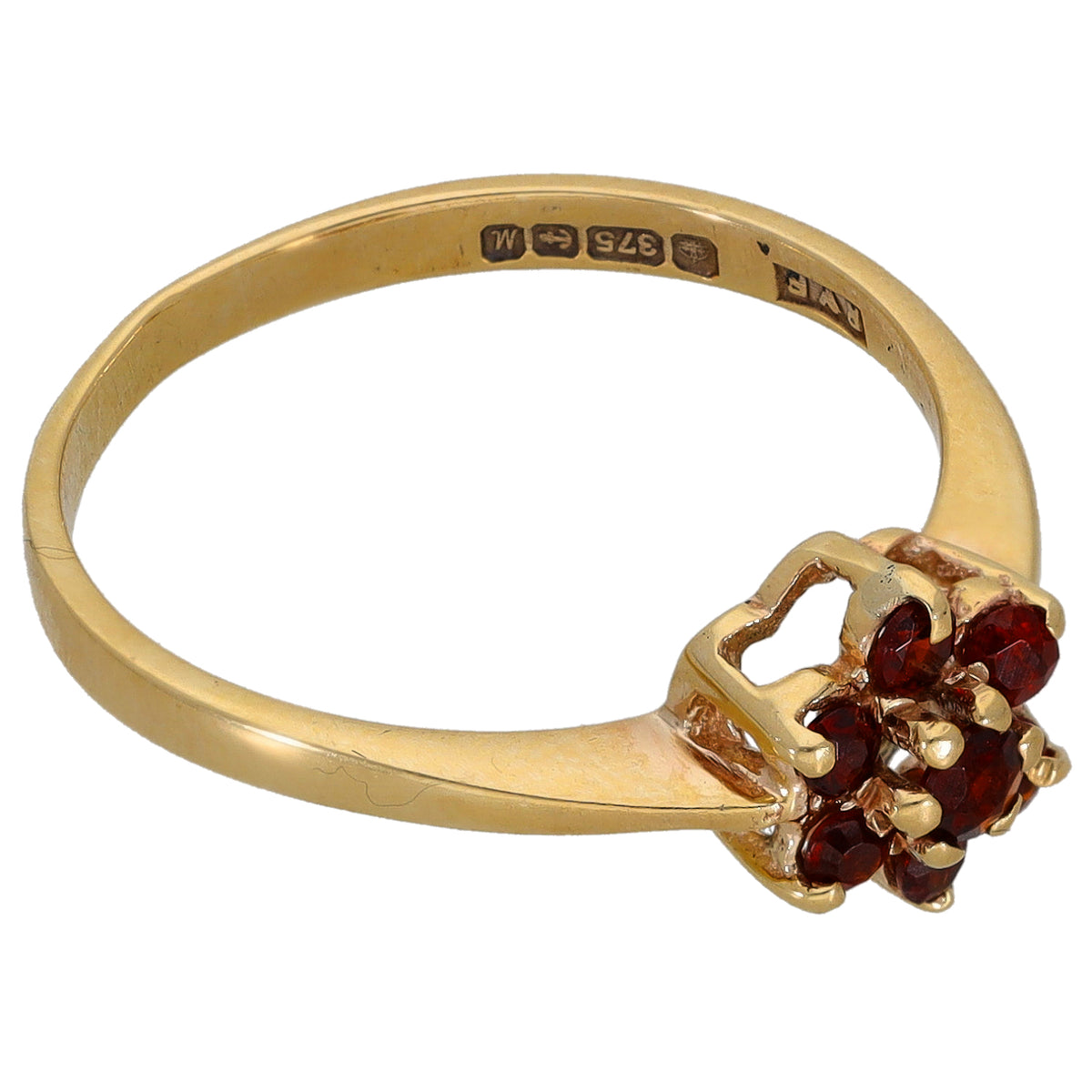 9ct gold garnet ring, size O, openwork basket with dark red cluster and hallmarks