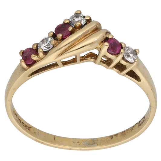 9ct Gold Ruby & Cubic Zirconia Wishbone Ring Size N
