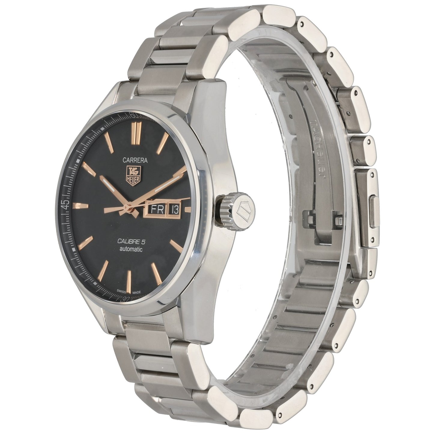 Tag Heuer Carrera WAR201C Stainless steel wristwatch with black dial and bracelet, shown in left side profile