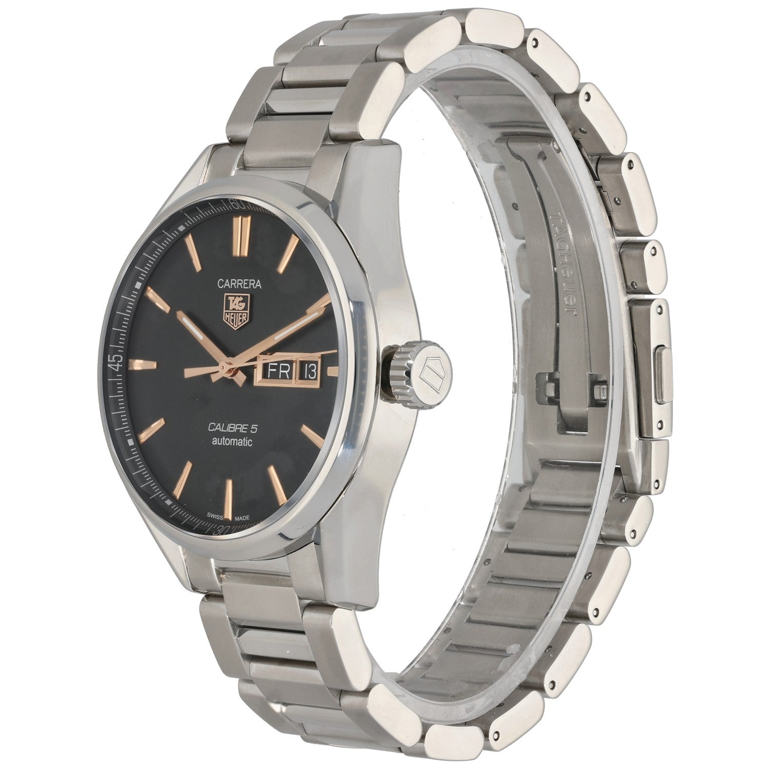Tag Heuer Carrera WAR201C Stainless steel wristwatch with black dial and bracelet, shown in left side profile