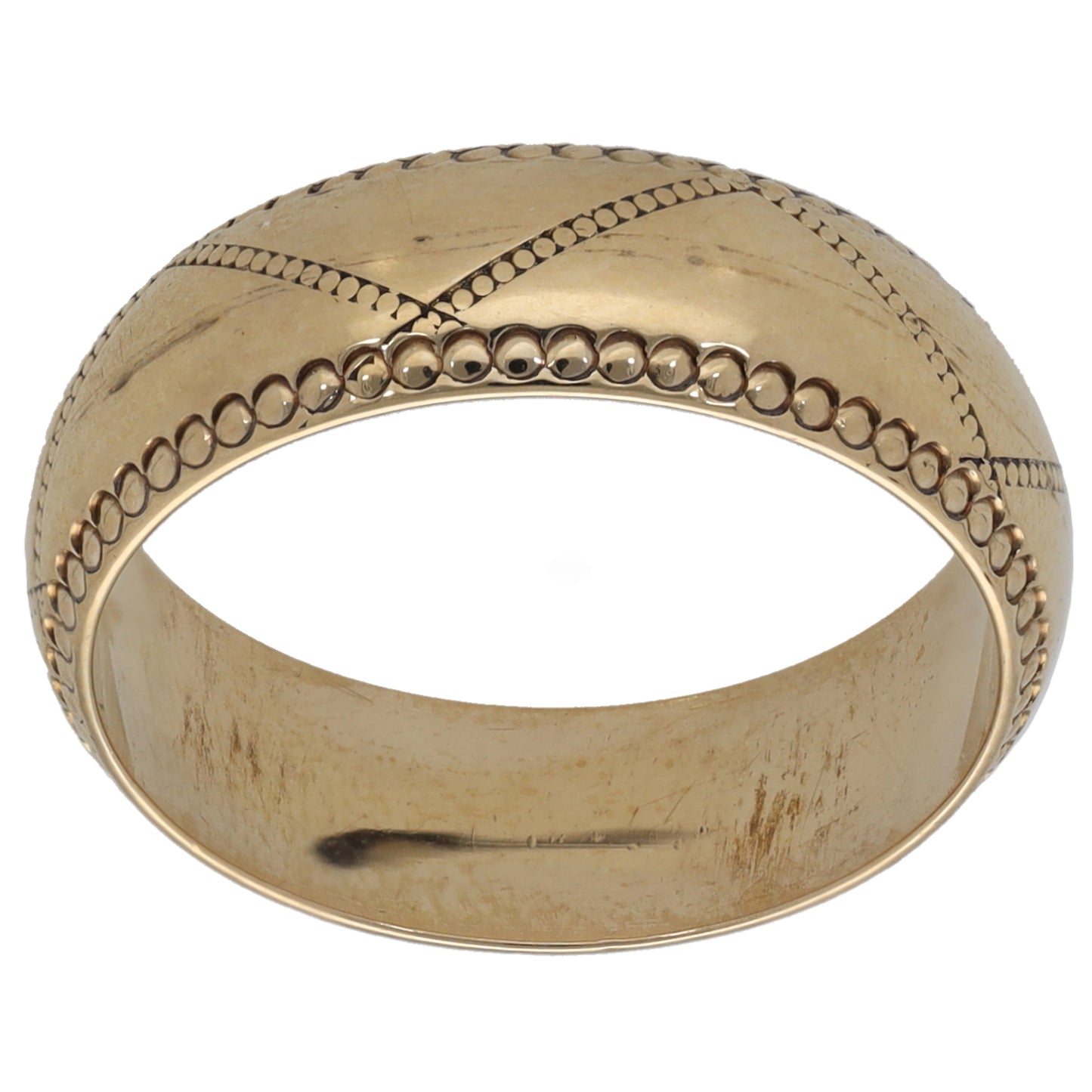 9ct gold wedding ring with bead-and-rope pattern along top edge