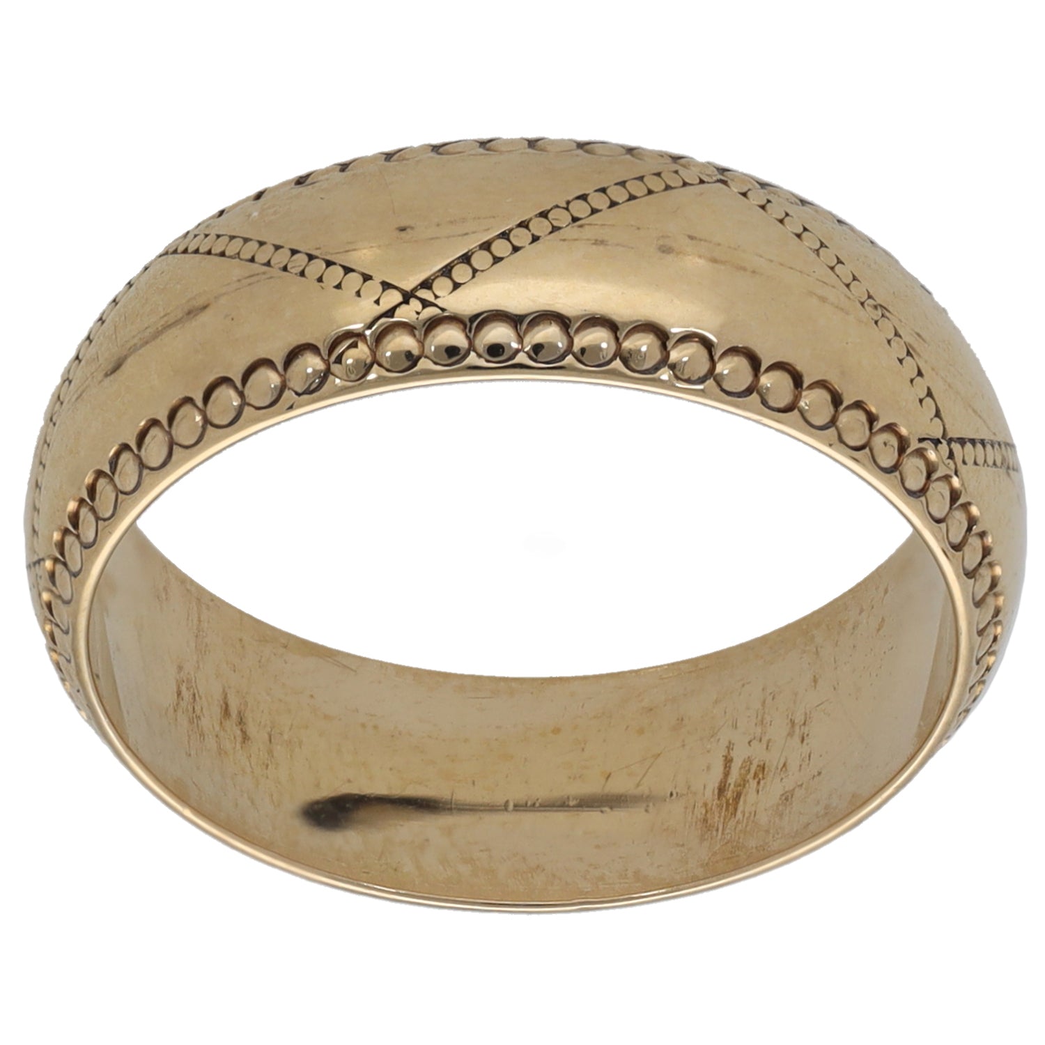 9ct gold wedding ring with bead-and-rope pattern along top edge