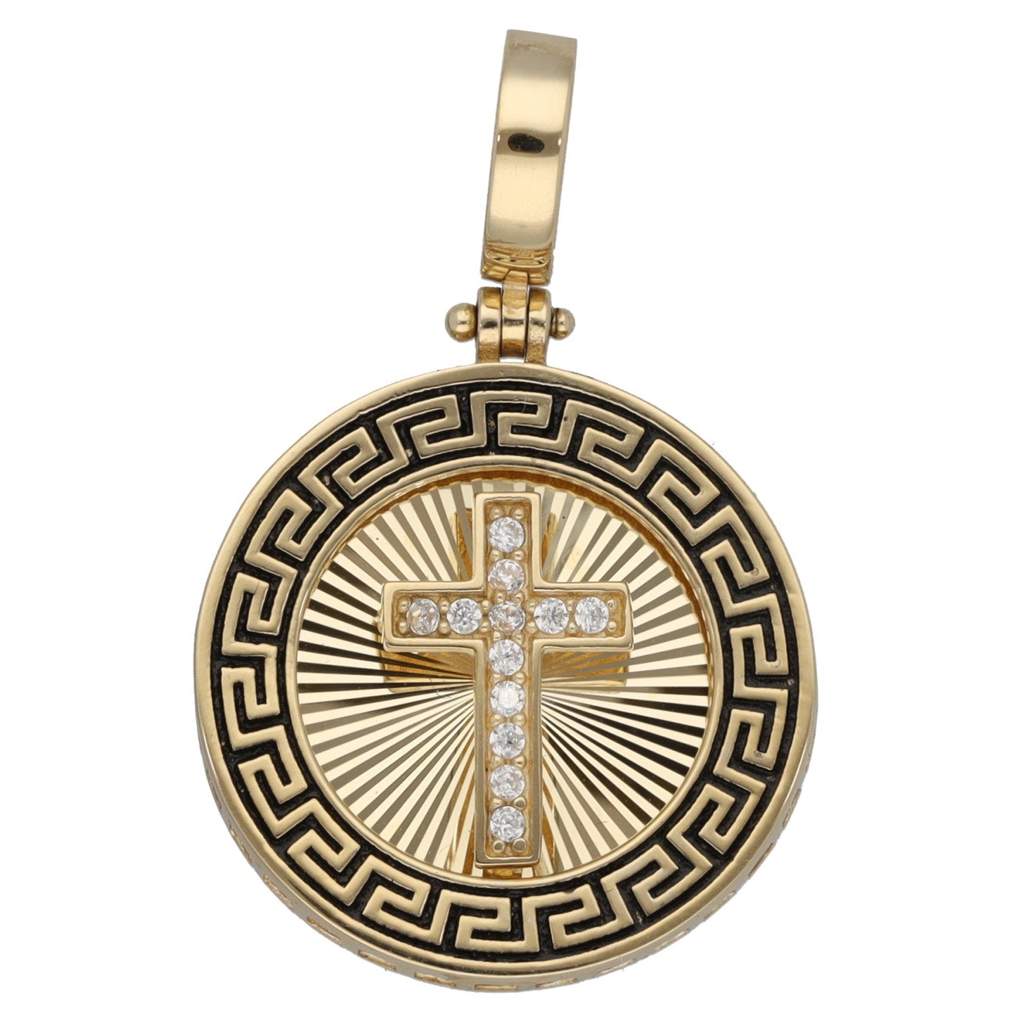 New 14ct Gold Greek Key Disc With Cross Pendant