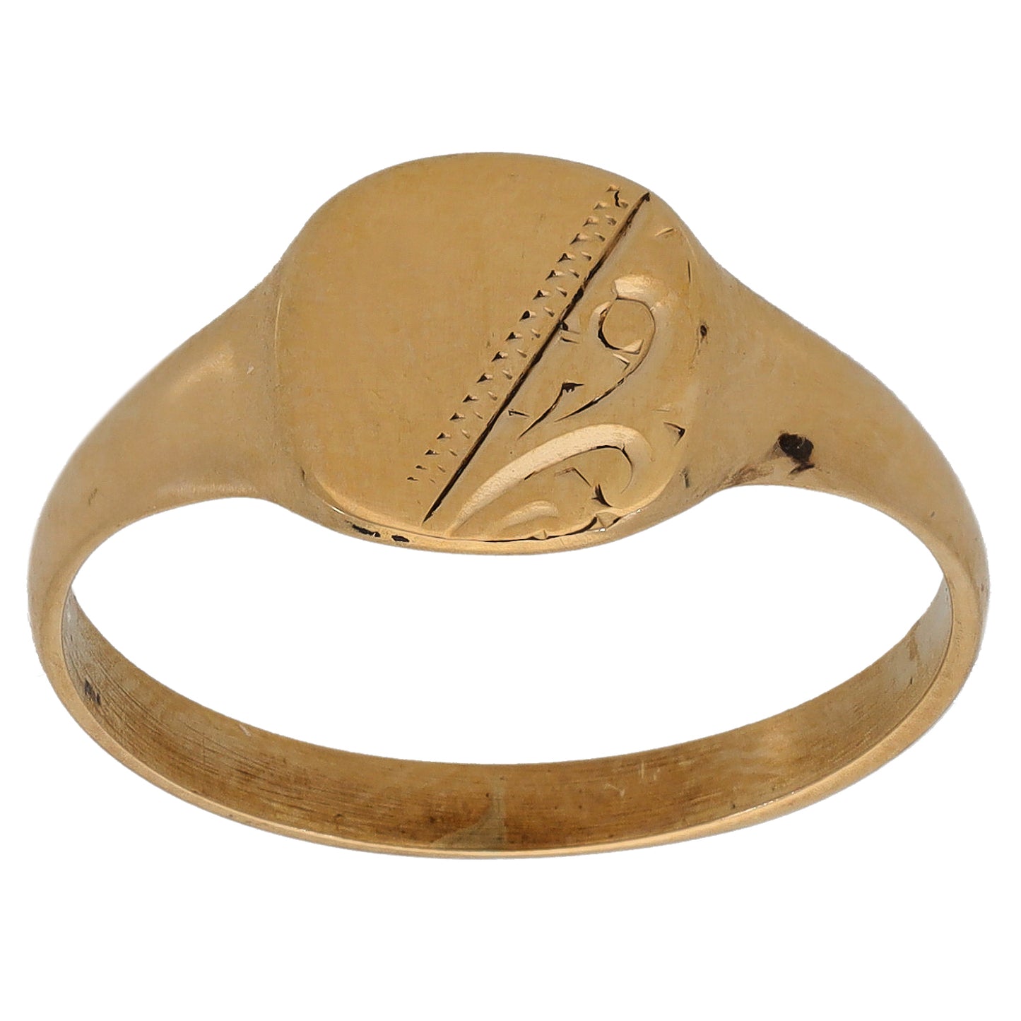 9ct gold signet ring with engraved patterned face and raised bezel