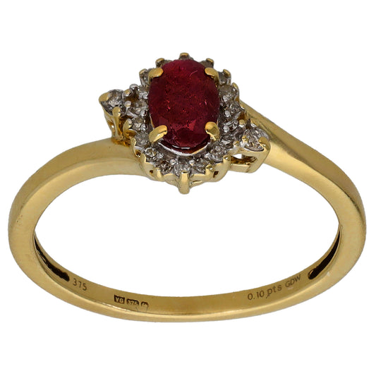 9ct Gold Ruby & 0.11ct Diamond Dress/Cocktail Ring Size N