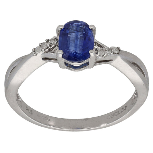9ct White Gold Kyanite & 0.06ct Diamond Single Stone Ring with Accent Stones Size N
