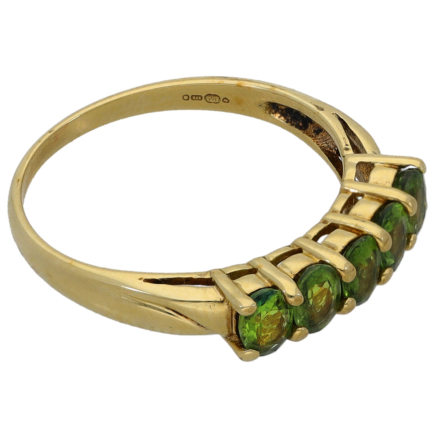 9ct gold half-eternity ring side view with green oval gemstone row